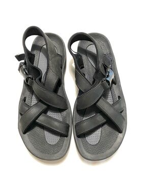 Lands’ End Leather Strap Sandals Men’s 11D Grey Black Comfort Adjustable Buckle